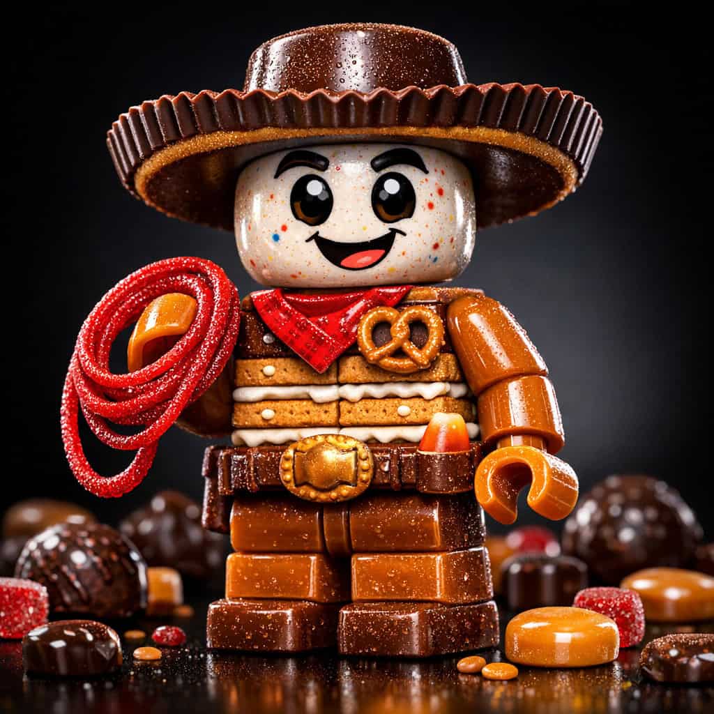 3D render of a cowboy brick toy made of sweets, wearing a chocolate peanut butter cup hat, with a jawbreaker head and graham cracker torso holding a strawberry string lasso.
