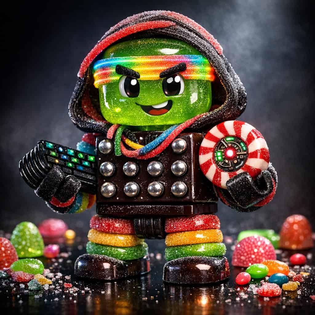 Cyberpunk hacker toy figure made of sweets, featuring a green gummy head, neon sour-belt visor, and dark chocolate torso typing on a licorice keyboard.