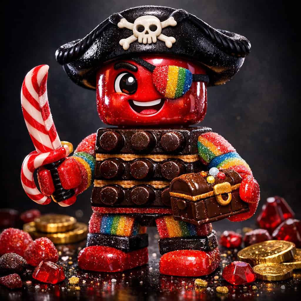 3D candy pirate toy figure with a black licorice tricorne hat, cherry hard candy head, wafer cookie torso, and a candy cane sword.