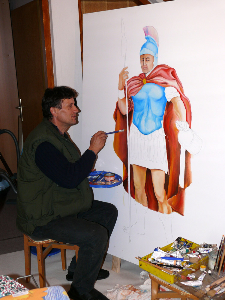 Slavko Dukić painting Saint Florian for the fire station in Čakovec