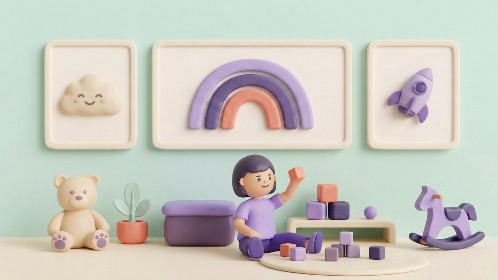 Illustrated science chart prints in bright frames in a children's room