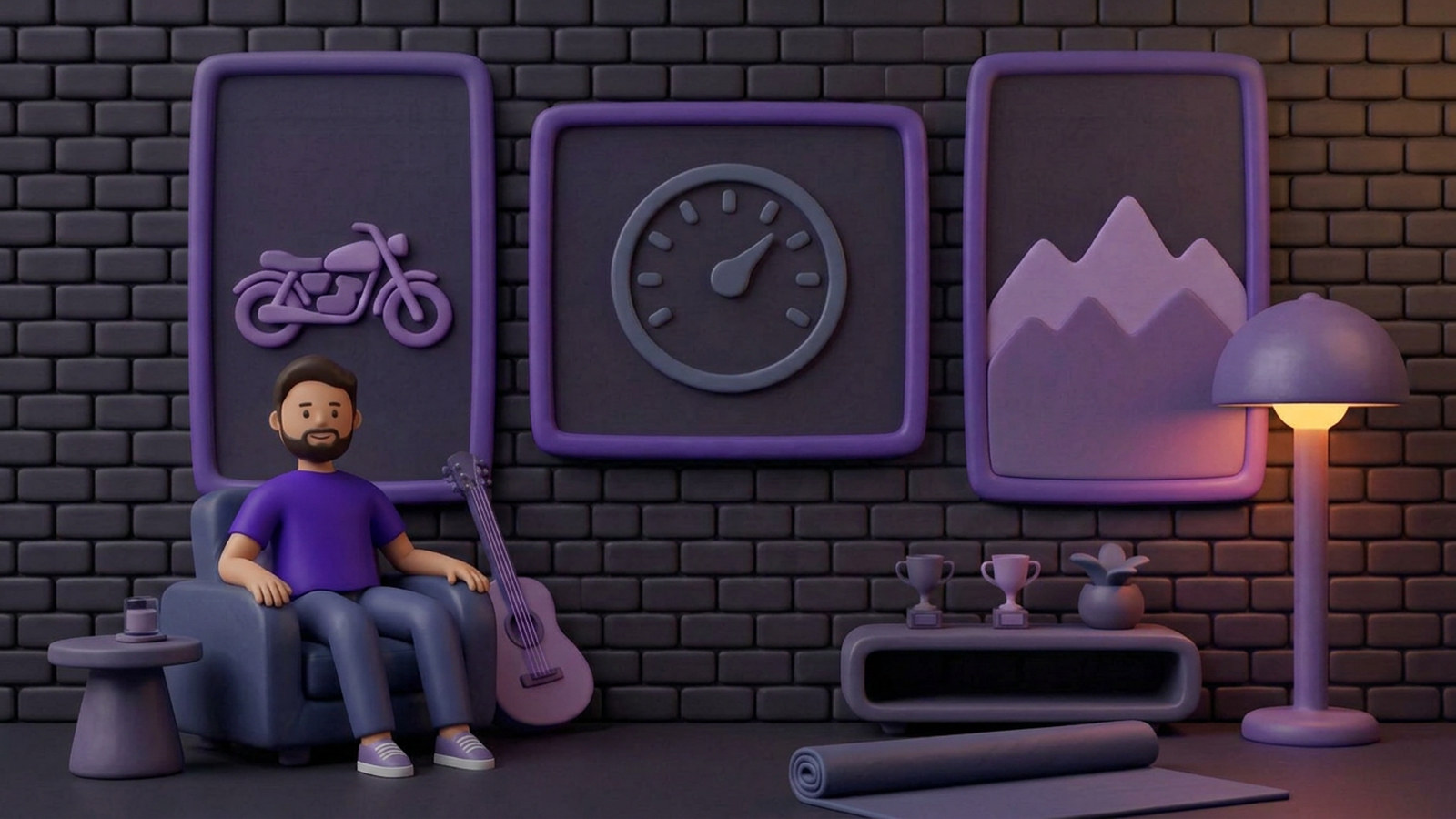 Motorcycle blueprint and racing prints on a dark brick den wall