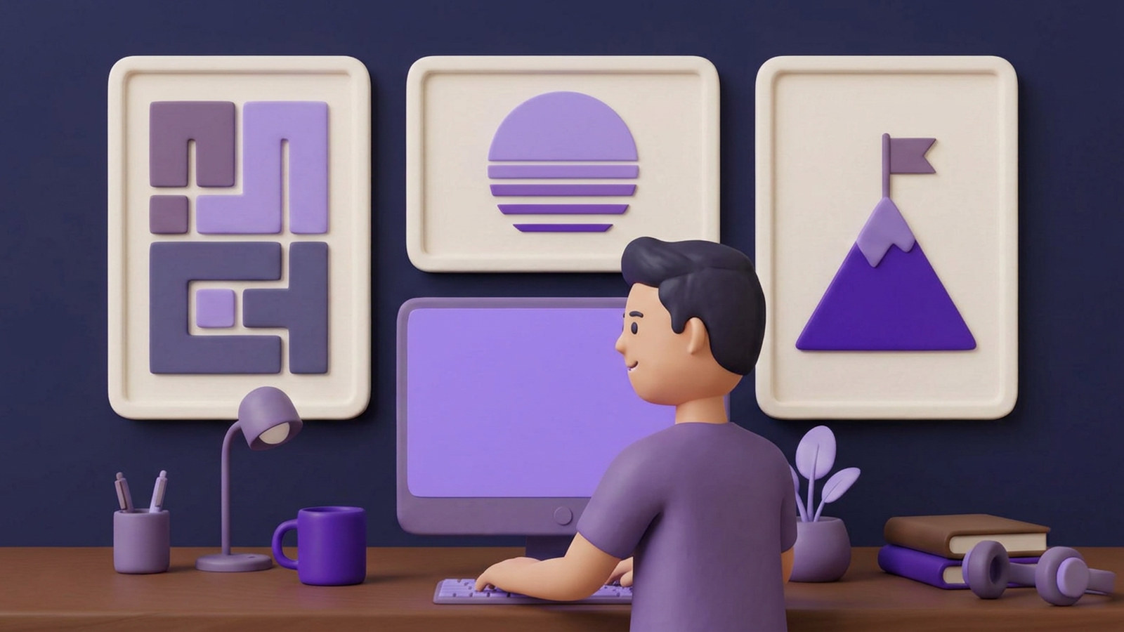 Typographic and vaporwave prints above a walnut home office desk