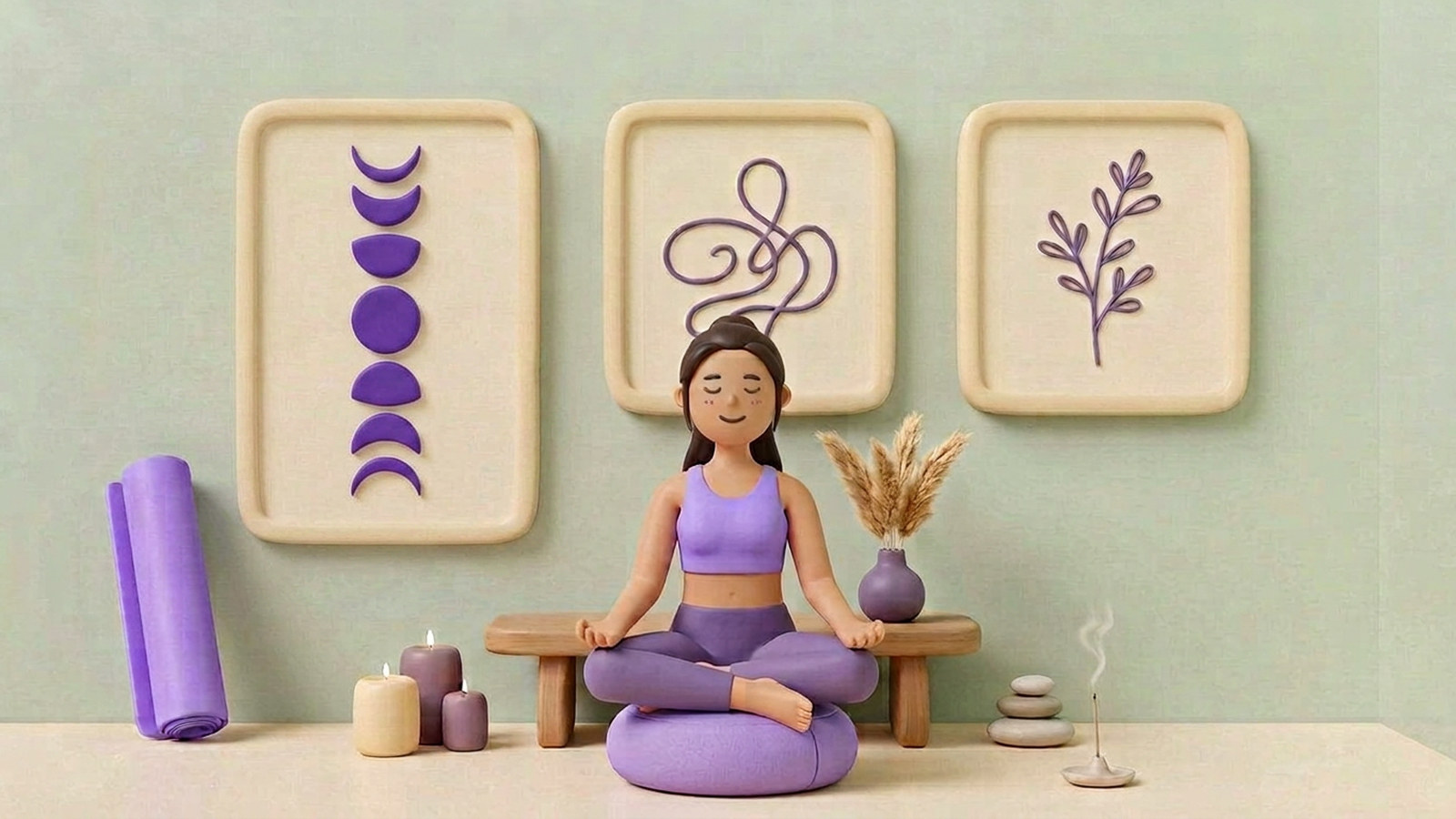 Moon phase and line art prints in a calm wellness corner