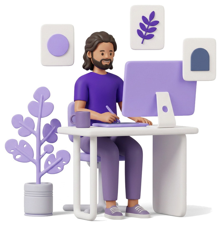 Nenad Dukić, founder of DEUSPIXEL, designing printable wall art at his desk