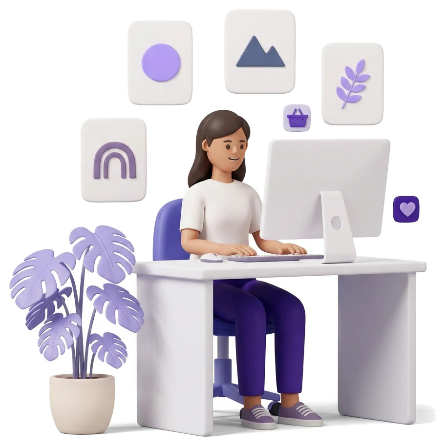 Woman browsing DEUSPIXEL printable wall art designs on a computer