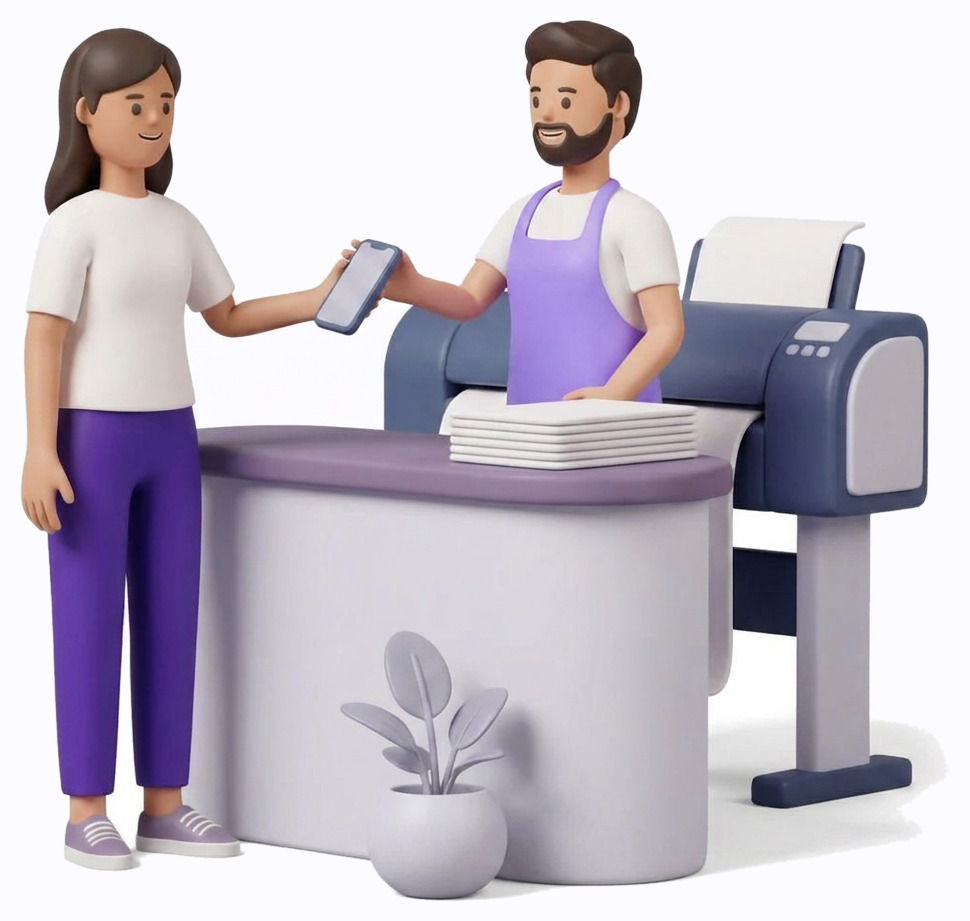 Woman handing her file to a print shop assistant at the counter