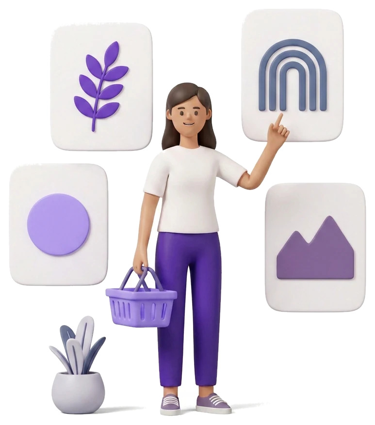 Woman choosing printable poster designs and adding them to her basket