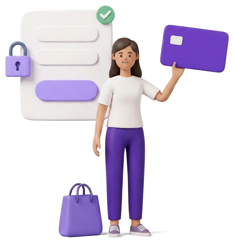 Woman paying with a card on a secure encrypted checkout