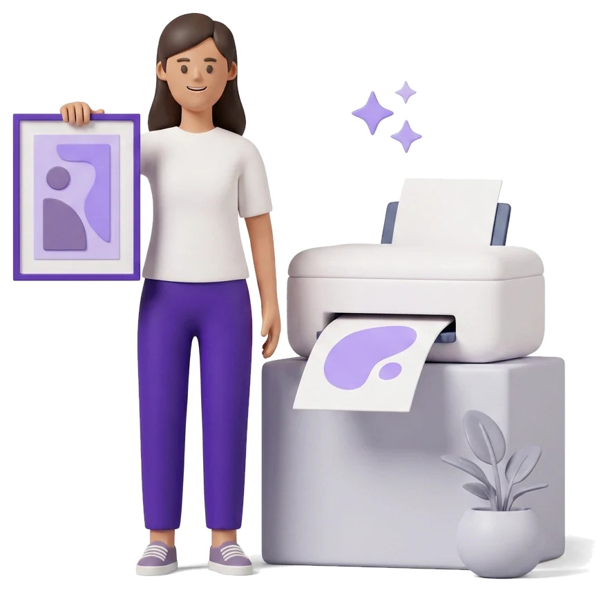 Woman holding a framed print beside a home printer