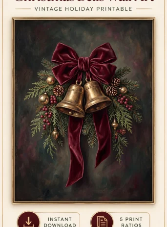 Christmas bells wall art with burgundy velvet bow and antique brass bells