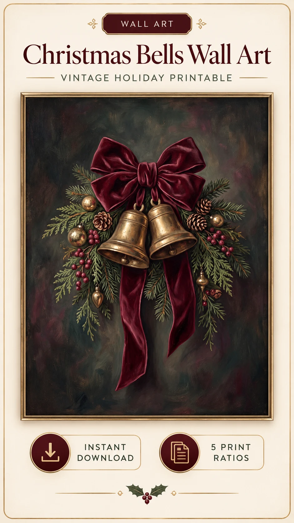 Christmas bells wall art with burgundy velvet bow and antique brass bells