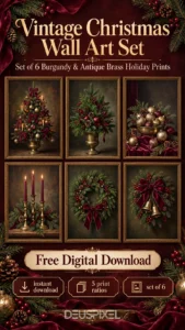 01-vintage-christmas-wall-art-set-of-6-burgundy-brass