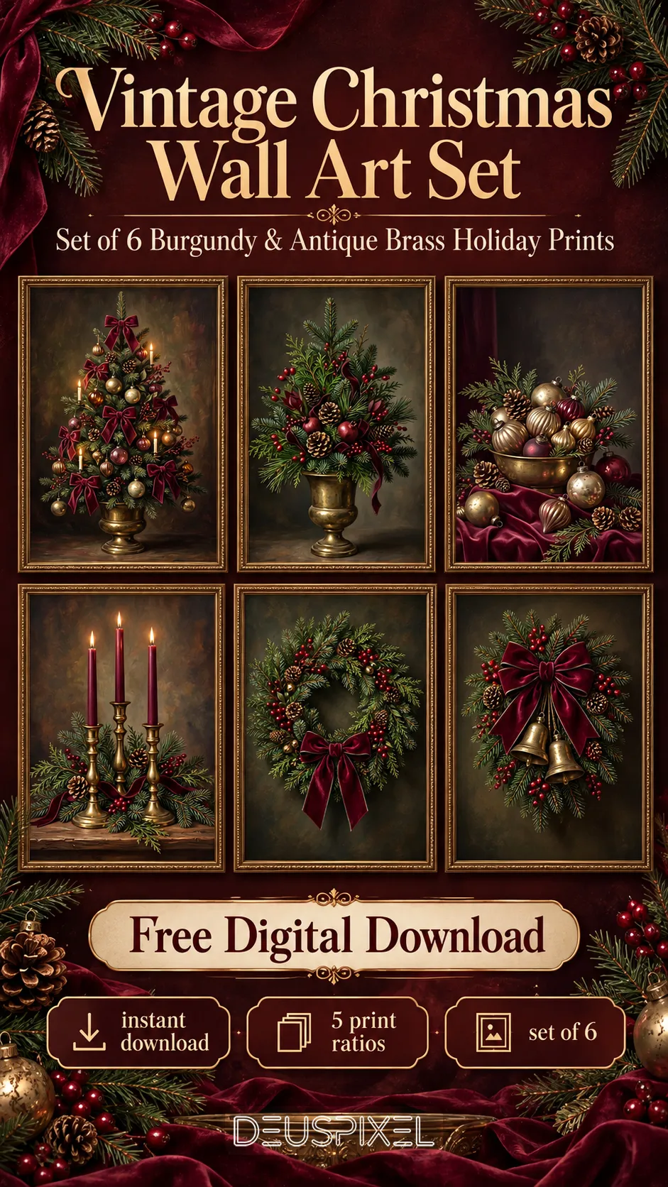 Old-World Burgundy Christmas Wall Art Set of 6 | Vintage Holiday Prints in Antique Brass & Deep Red | Free Digital Download