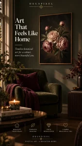 Peony dark botanical wall art room mockup