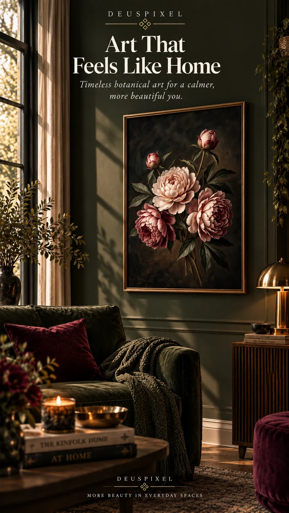 Vintage floral wall art room mockup from Midnight Botanicals