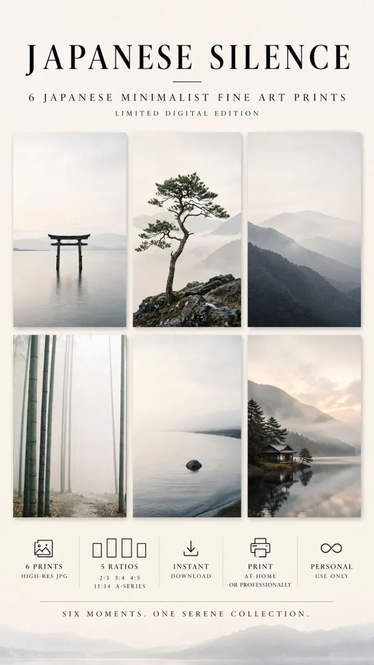 Japanese minimalist wall art set with six Japandi prints