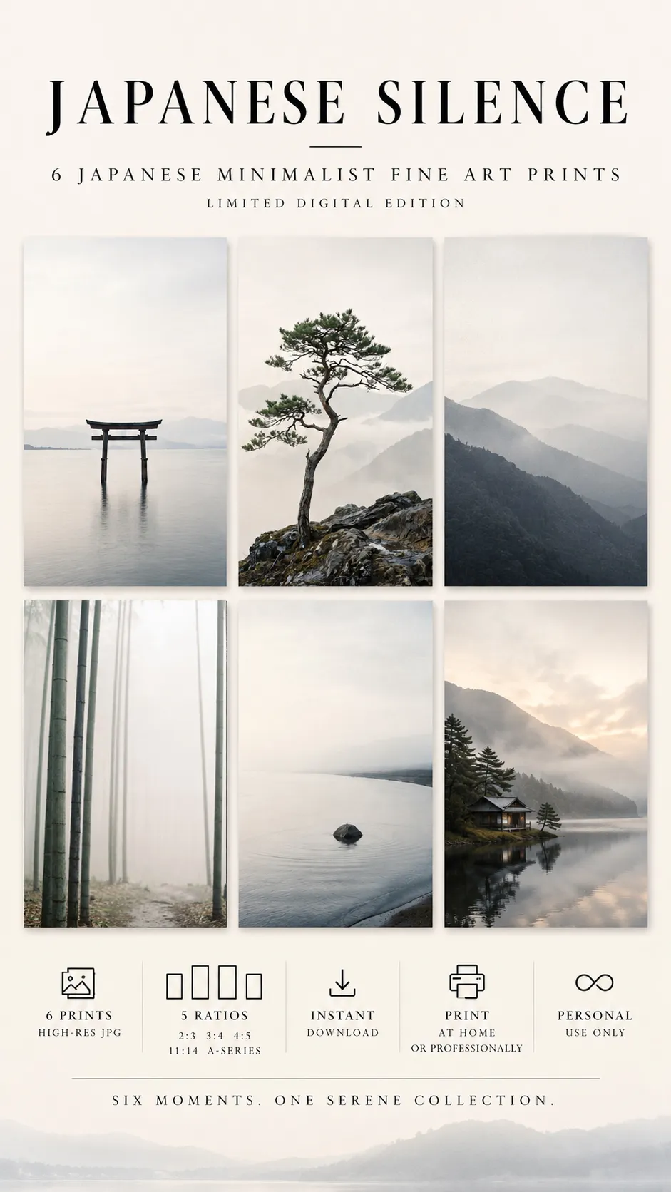 Japanese minimalist wall art set with six Japandi prints
