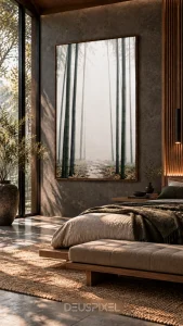 Japanese bamboo mist wall art in a Japandi bedroom mockup