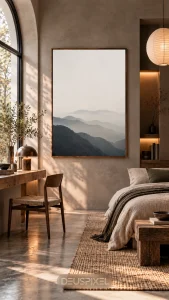 Mountain Silence Japanese wall art in a bedroom mockup